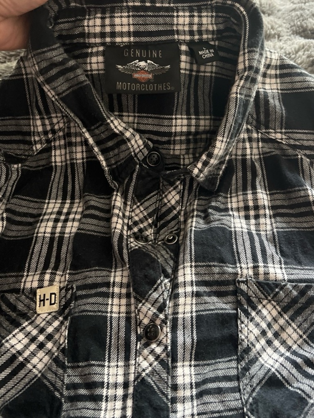 Harley-Davidson Black White women’s small fitted snap front 100% cotton flannel